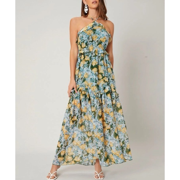 NWT Tie Backless Layered Ruffle Floral Halter Dress - Picture 3 of 5